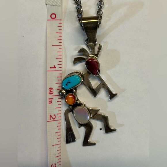 Ladies vintage SW Kokopelli turquoise, opal, and agate stones pendent w/chain - Picture 14 of 14